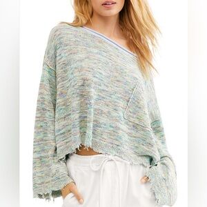 NWOT Free People Prism Linen Blend Pullover Sweater Aqua Combo